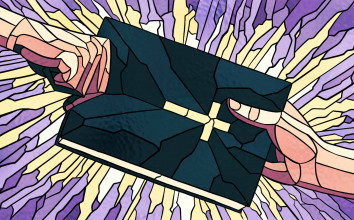 Artistic illustration of a stained glass window depicting a close up of a Bible being exchanged between two people’s hands