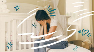 Stylized image of upset mom sitting in her empty baby’s room with her head buried in her hands, suggesting the child died