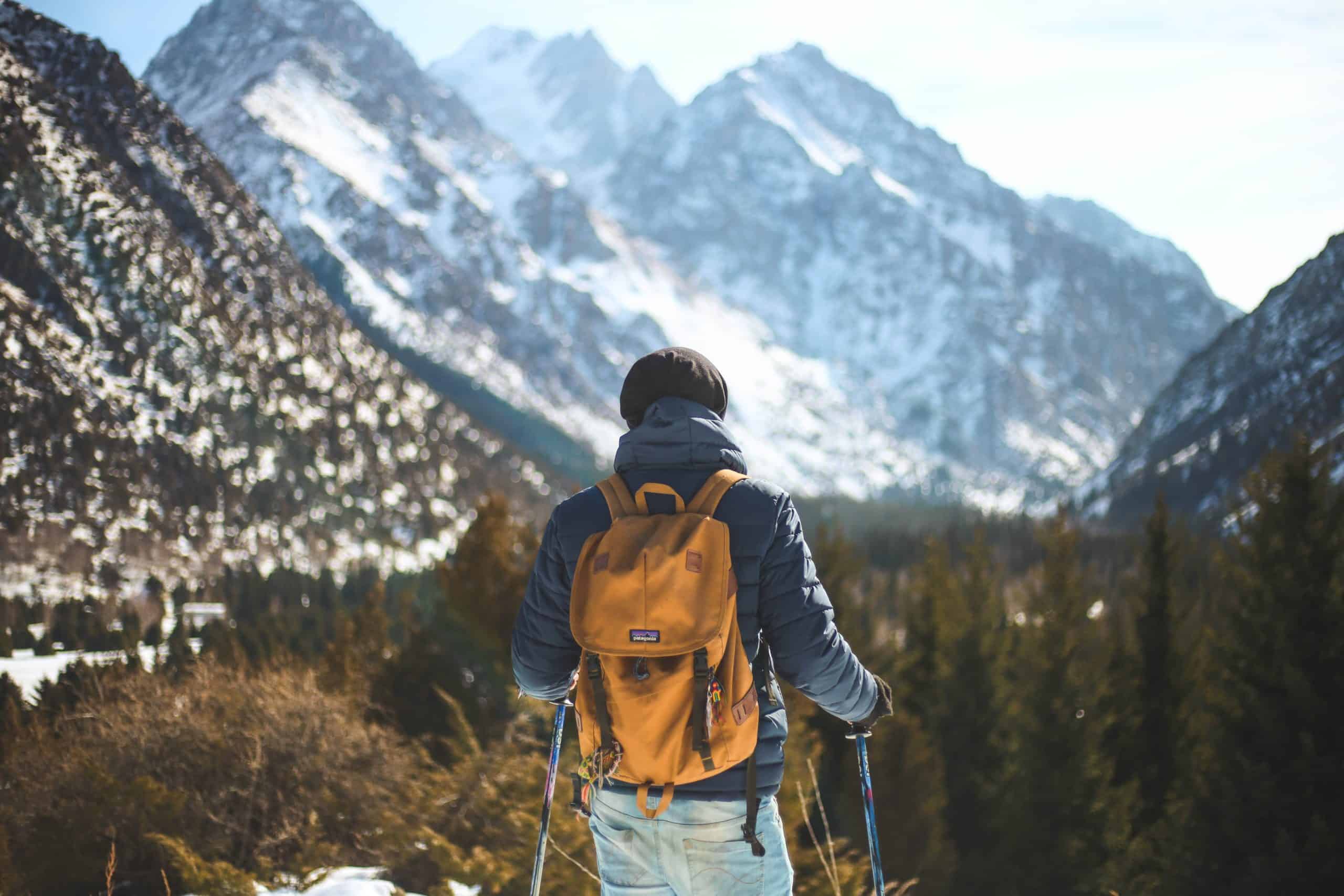 Shown from behind, a warmly-dressed hiker enjoying a panoramic view of a beautiful mountain range