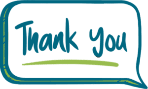 Illustrated icon of a word bubble with 'Thank you' in it