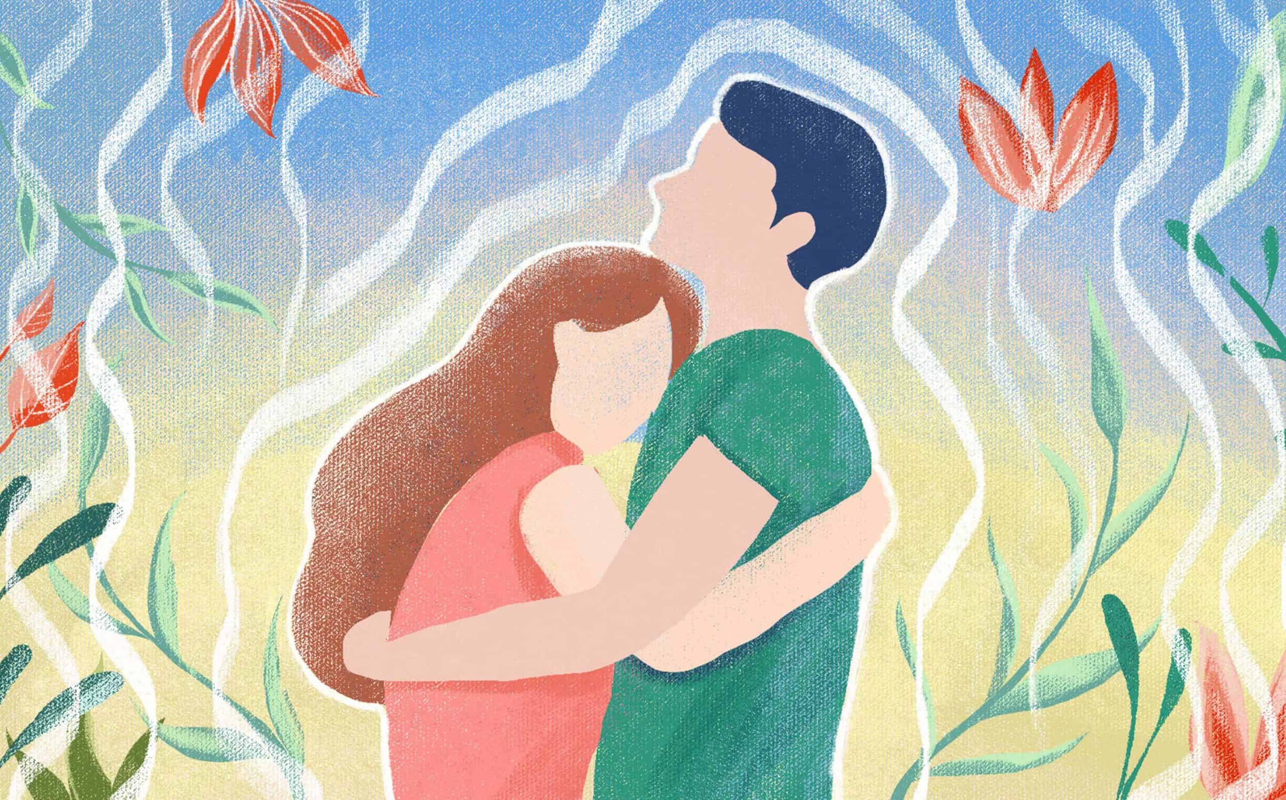 An illustration of a husband and wife embracing, surrounded by flowers and leaves.