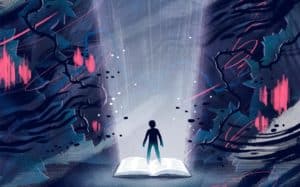 An illustration of a child’s silhouette standing on a shining bible, surrounded by a dark landscape