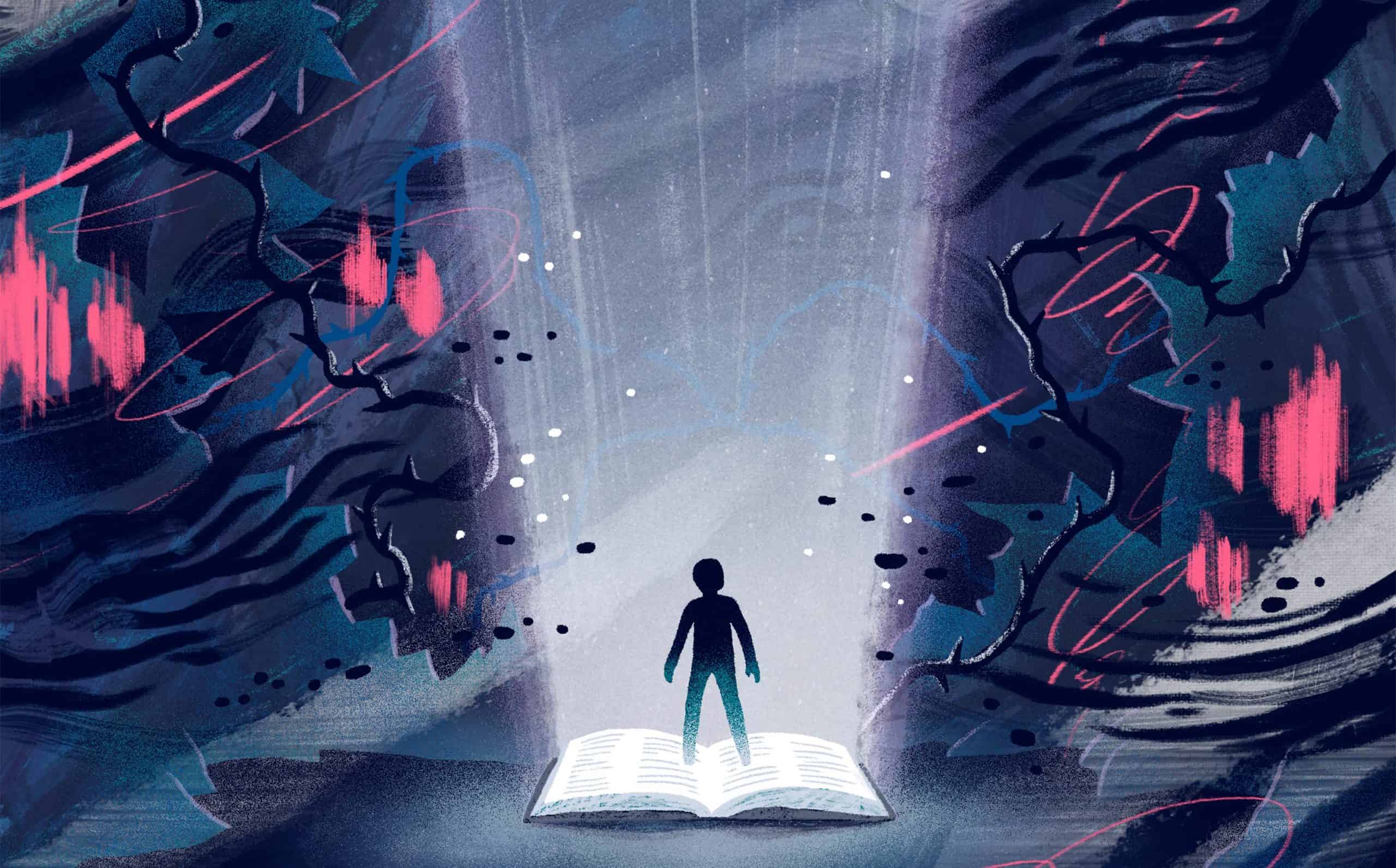 An illustration of a child’s silhouette standing on a shining bible, surrounded by a dark landscape