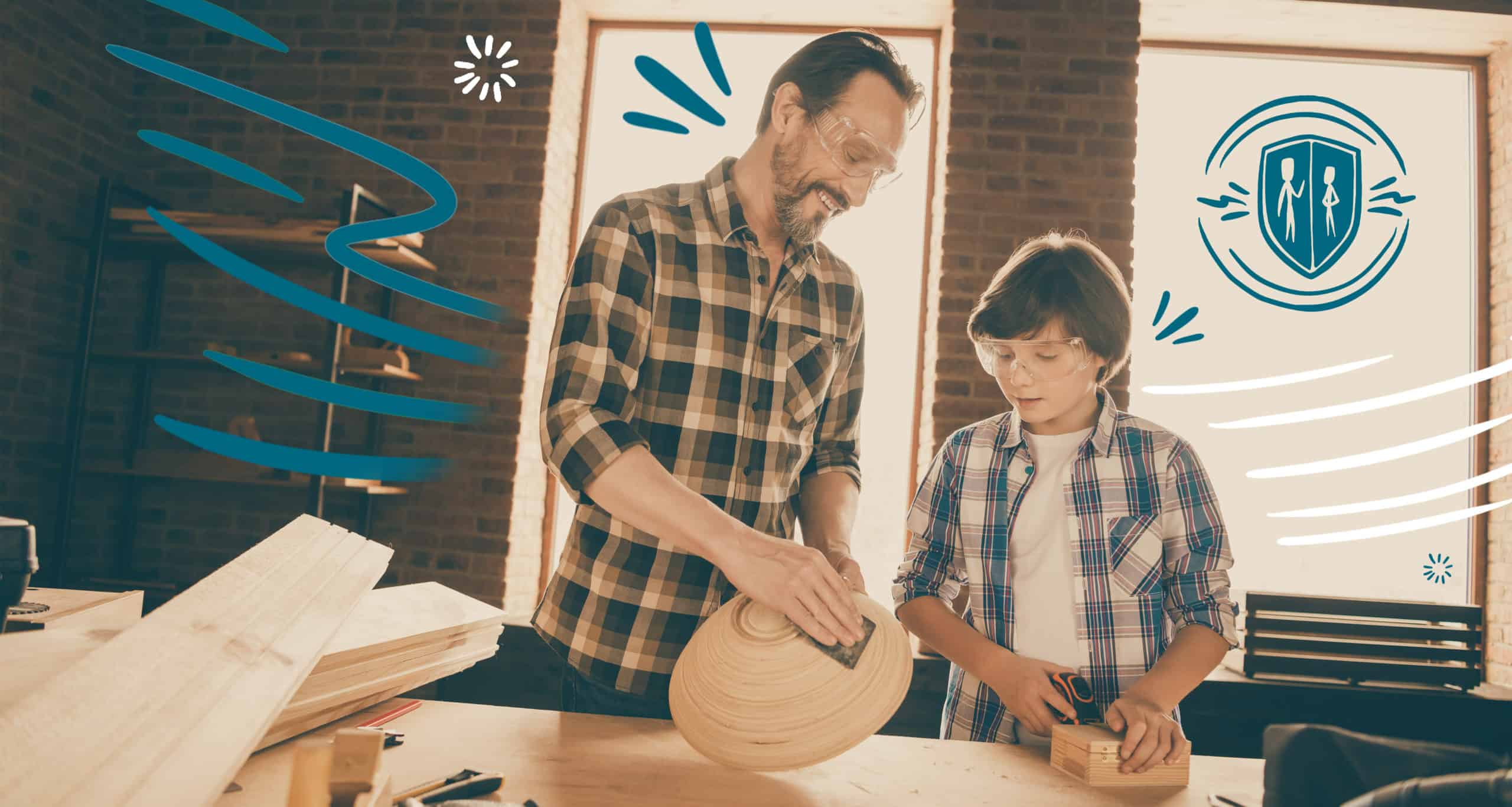 A child and his mentor working in a woodshop