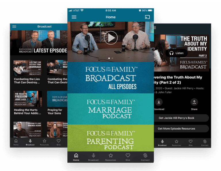 Screenshots of the Focus on the Family mobile app