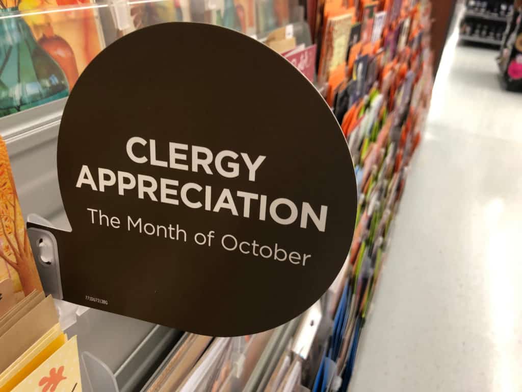a sign that reads clergy appreciation the month of october