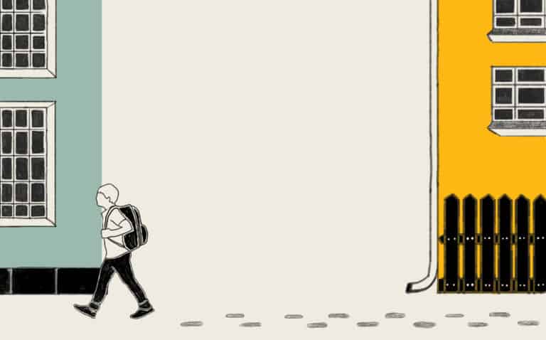 An illustration of a child walking from one home to another