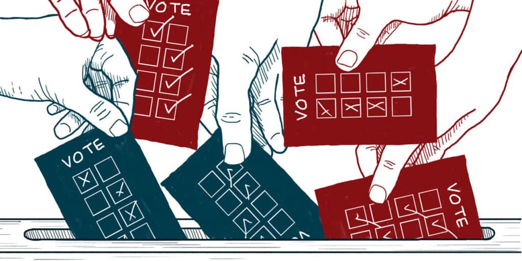 Illustration of many hands putting their ballots into a ballot box
