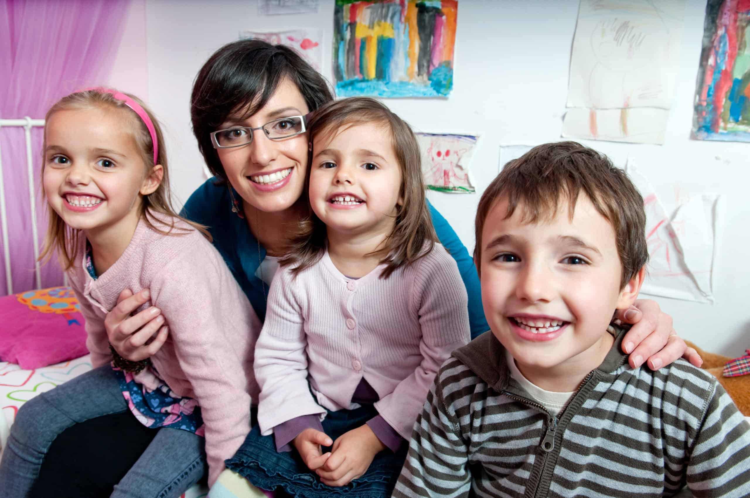 mom and children in home