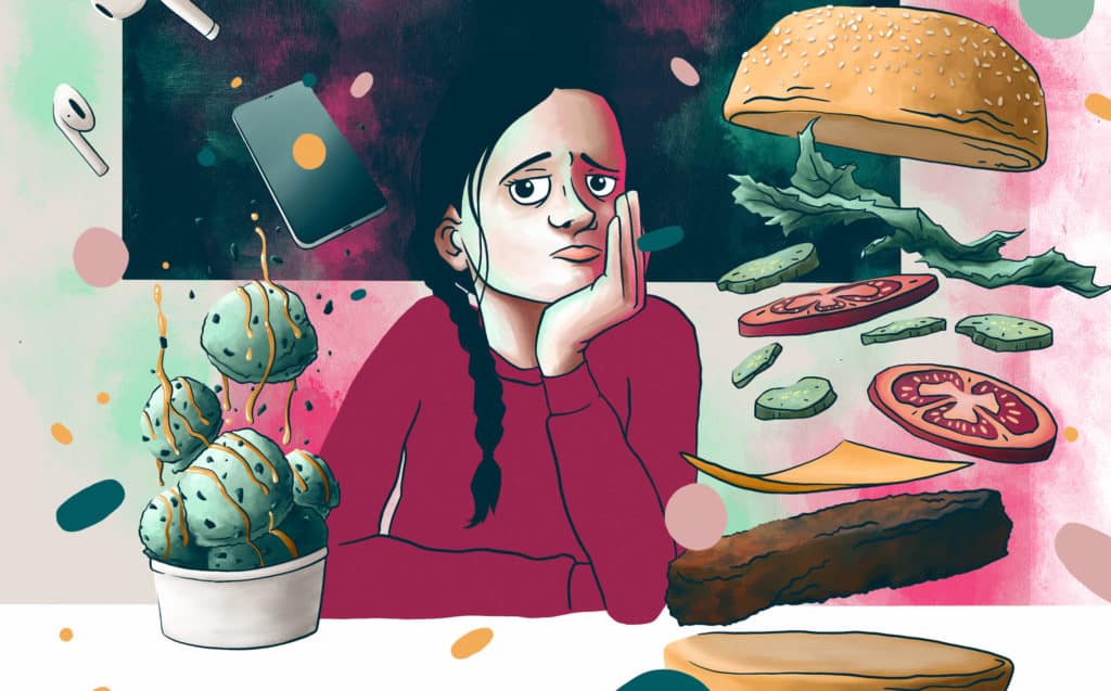 Illustration of depressed looking teen girl with parts of hamburger, scoops of ice cream, and smart phone floating around her