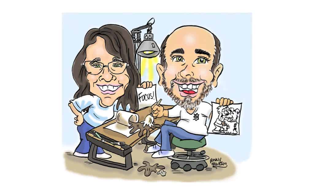 A caricaturcaricature by Jonny Hawkins of himself and his wife, Carissa; cartooning together
