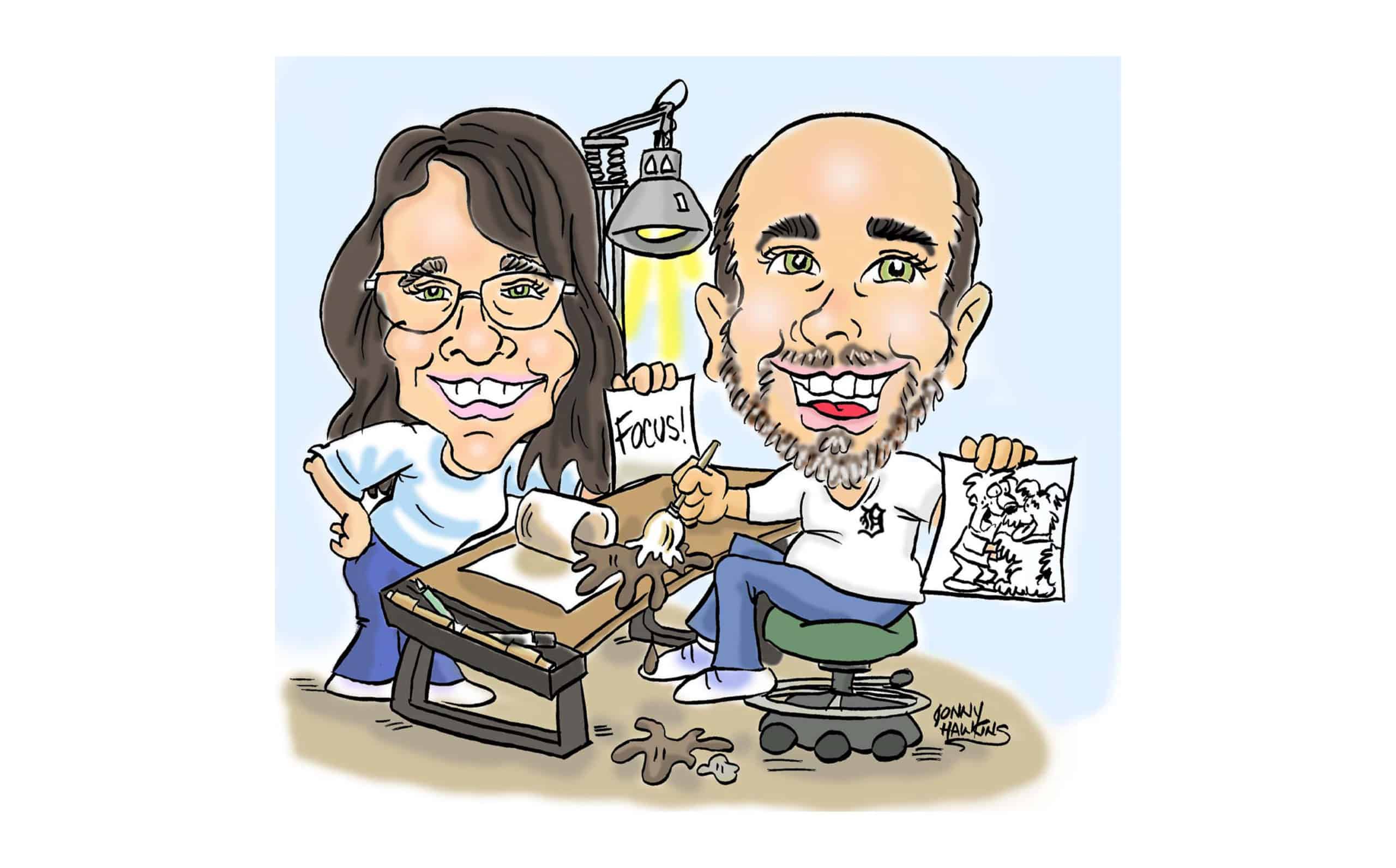 A caricaturcaricature by Jonny Hawkins of himself and his wife, Carissa; cartooning together