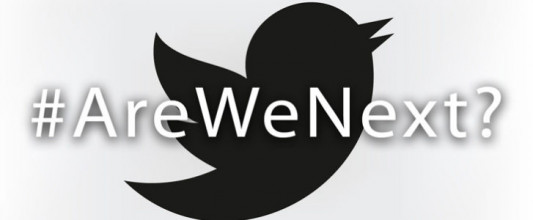 Black and white Twitter logo with the phrase 