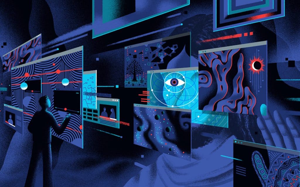 Illustration of a figure looking through multiple abstract screens with the silhouette of God looking reaching out on the other side of the screens.