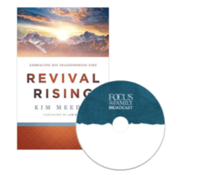 Cover image of Kim Meeder's book "Revival Rising" alongside image of a Focus on the Family broadcast CD