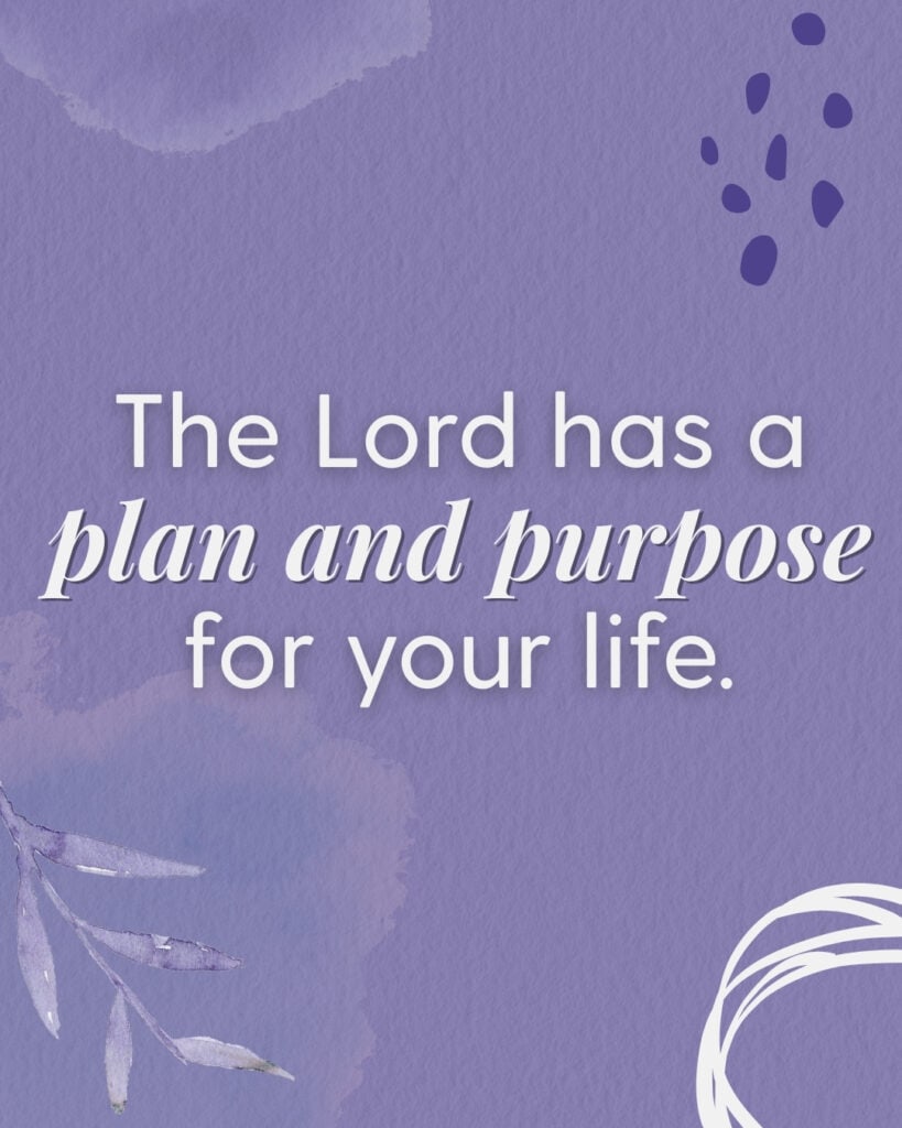 "A Pro-Life Inspiration Story: When My Mom Said No" graphic with the words: "God has a plan and purpose for your life" against a purple background with different decorative elements.