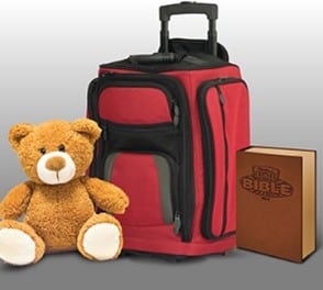 suitcase, teddy bear, bible