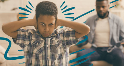 Stylized image of angry teen boy holding his hands over his ears so he doesn’t hear his dad lecturing him from the background
