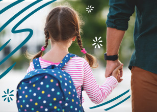 Shown from behind, a girl wearing a backpack holding her father's hand