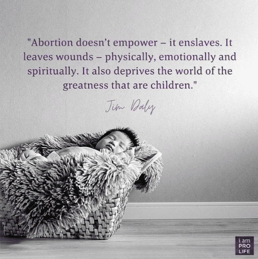 Black and white photo of a baby sleeping with a Jim Daly quote about abortion.