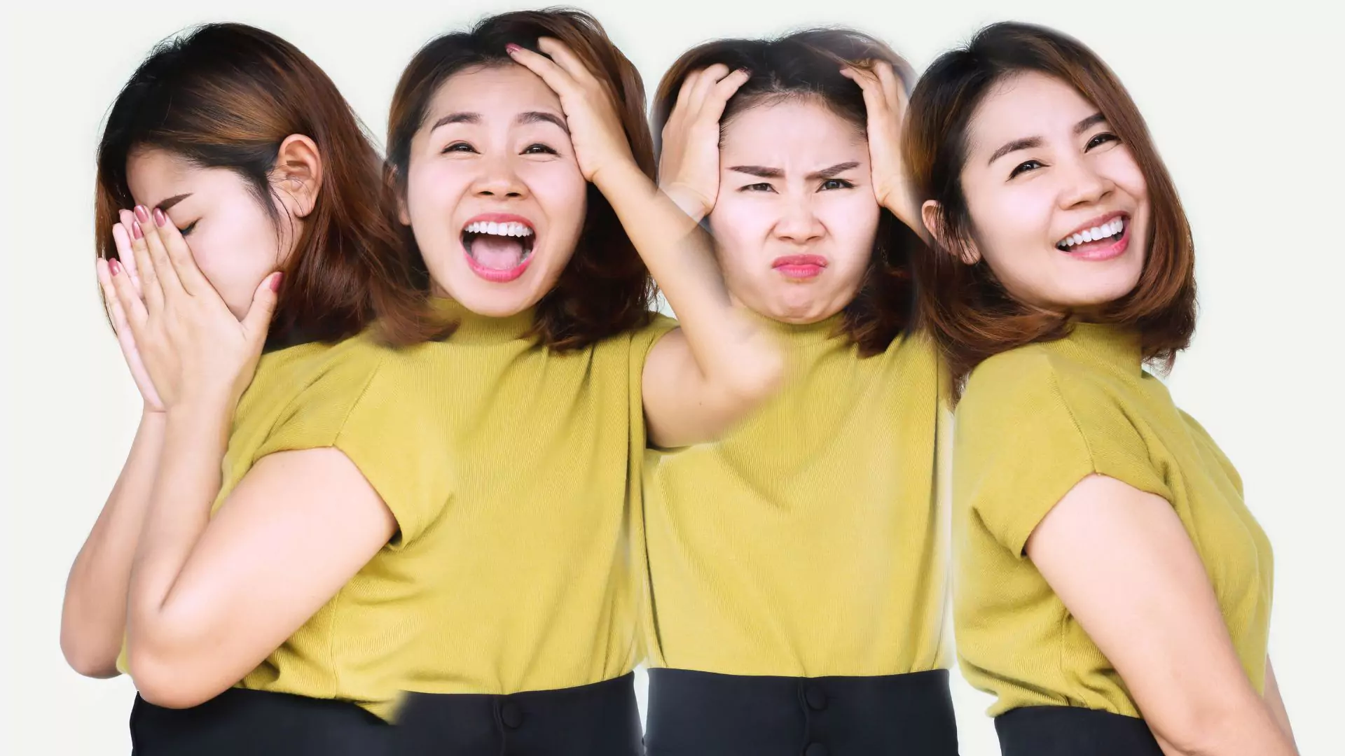 Woman with mental health issues makes faces at the camera: she is sad, happy, angry, and friendly.