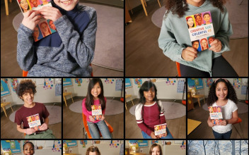 Collage of photos of school children each holding a copy of Trillia Newbell's book Creative God, Colorful Us