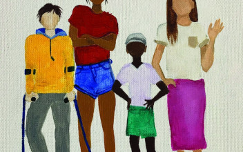 Painted illustration of four young, diverse people