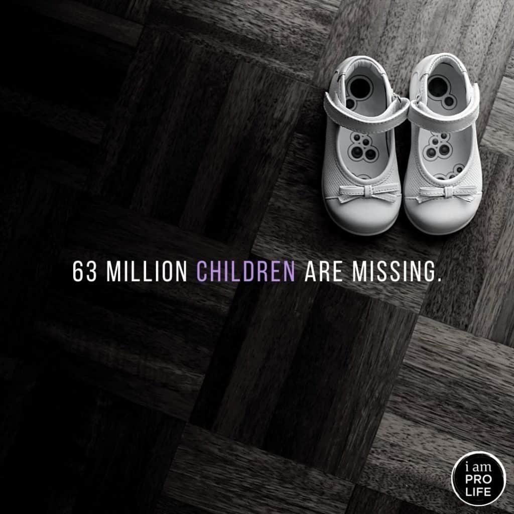 Empty children's shoes with the quote that 63 million children are missing, information derived after watching a real aborttion procedure video.