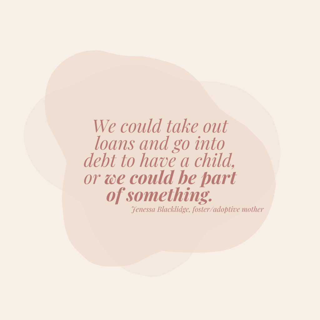 Image about a case plan saying that we could take out loans and go into debt to have a child, or we could be part of something.