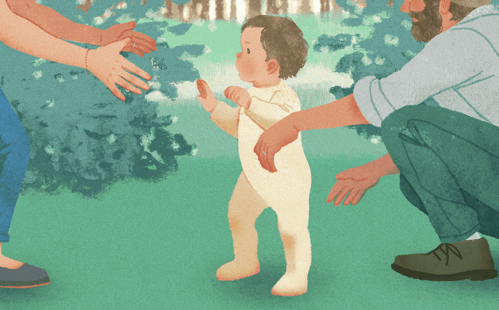 forgiveness - Illustration of a young child learning to walk between a father and mother