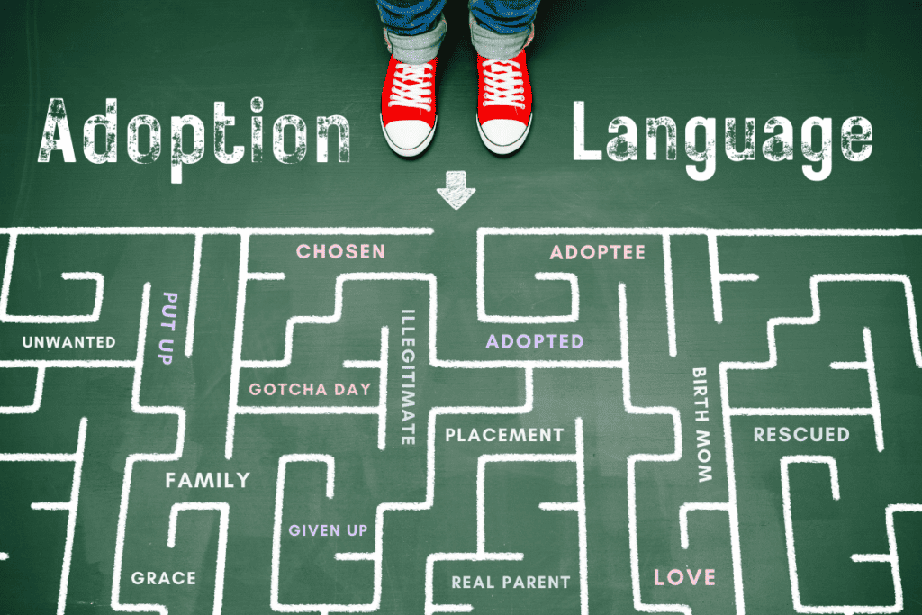 Red sneakers of an adoptee stand over a chalk drawn maze of adoption language.