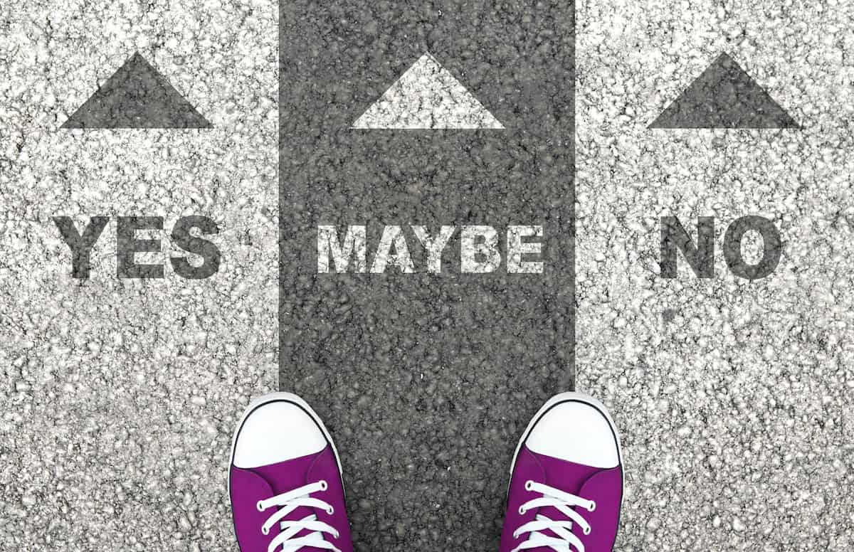 A girl in pink shoes stands between three abortion options: yes, maybe, no.