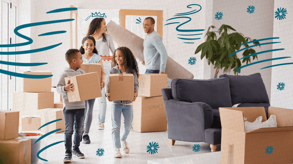 a family of 3 children and their parents help move boxes in a house