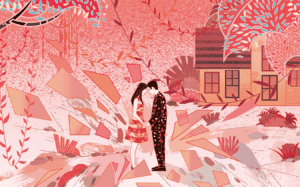 Arguments in Marriage - An illustration of a married couple holding hands among abstract fractured shards. House and trees are in the background.