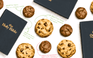 Illustration of religious books alongside different kinds of cookies