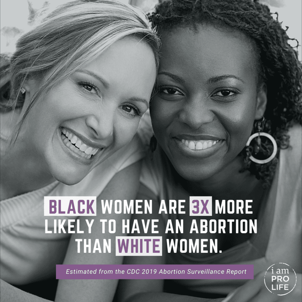 Two women together with quote that black women are 3x more likely to have an abortion than white women