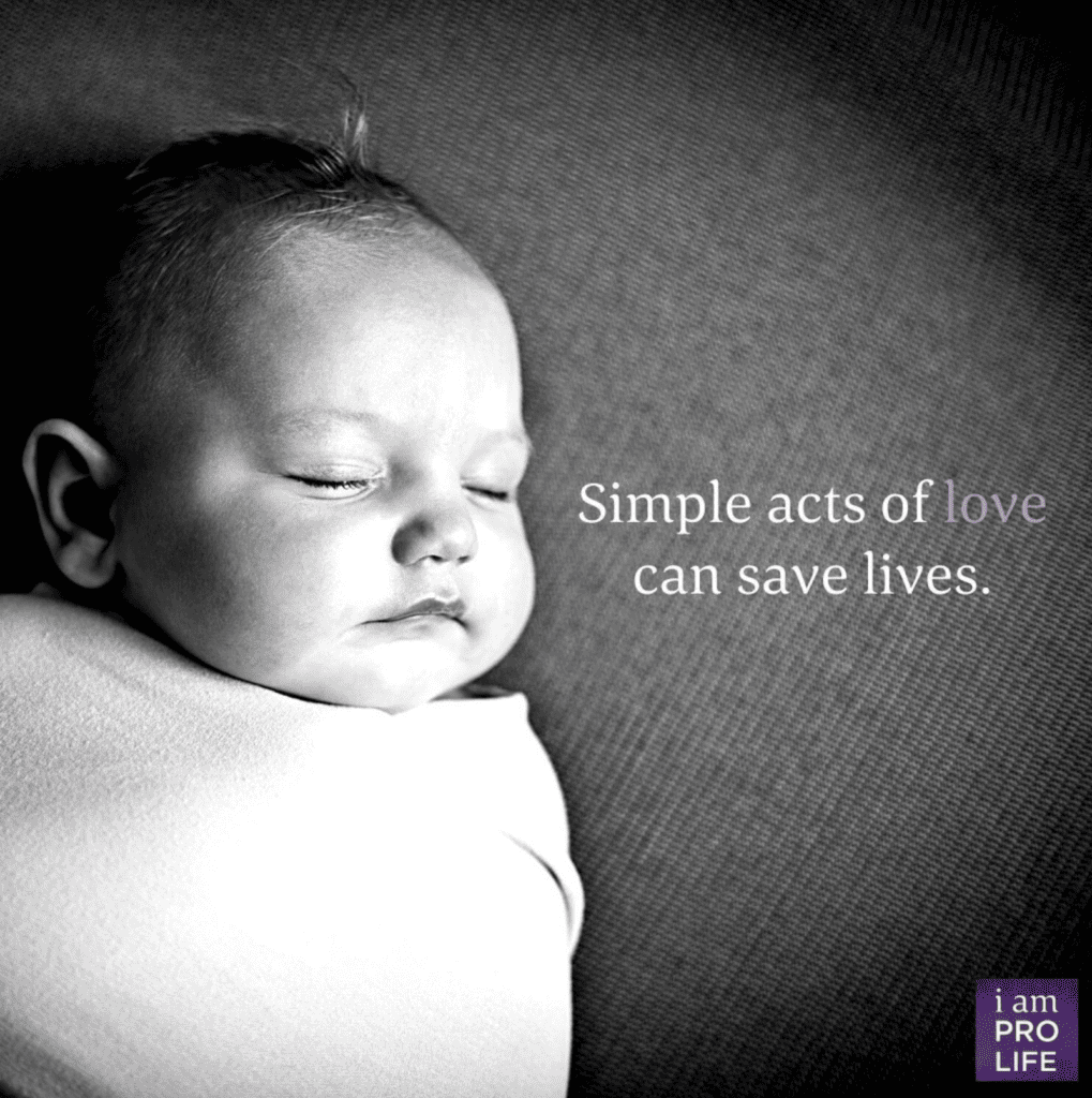 Black and white photo of a baby sleeping beside text on how simple acts of love can save lives.