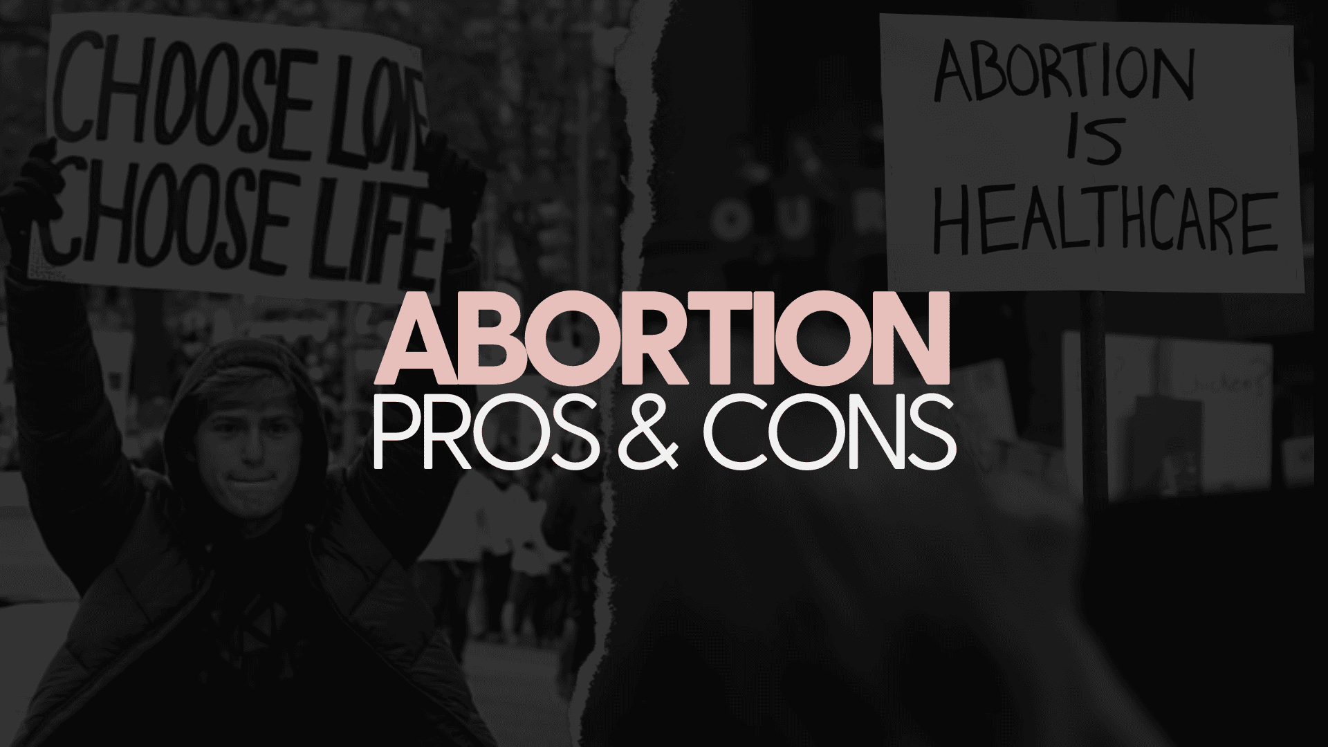 Image of people holding posters talking about human rights and abortion pros and cons