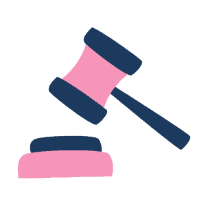 Pink and blue graphic of a judge's gavel