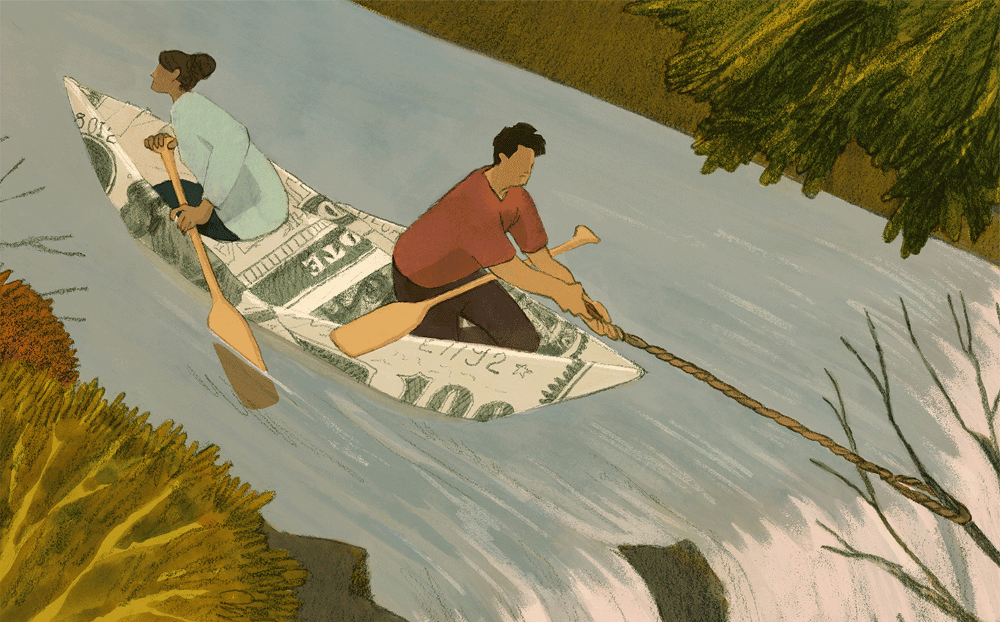 financial unity - An illustration of a husband and wife in a paper boat. The wife tries to row upstream while the husband ties a rope to a tree downstream.