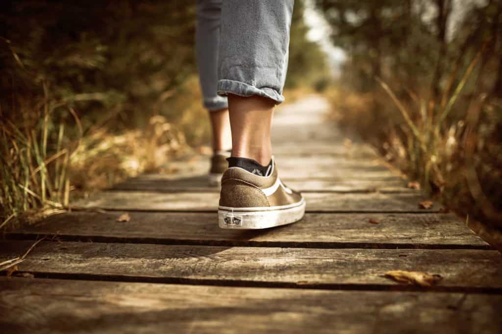 person walking away from camera along pathway