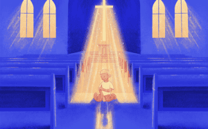 I want to spoil my kids Illustration of a child sitting in the aisle of a church, bathed in the light of the cross