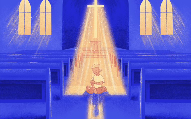 I want to spoil my kids Illustration of a child sitting in the aisle of a church, bathed in the light of the cross