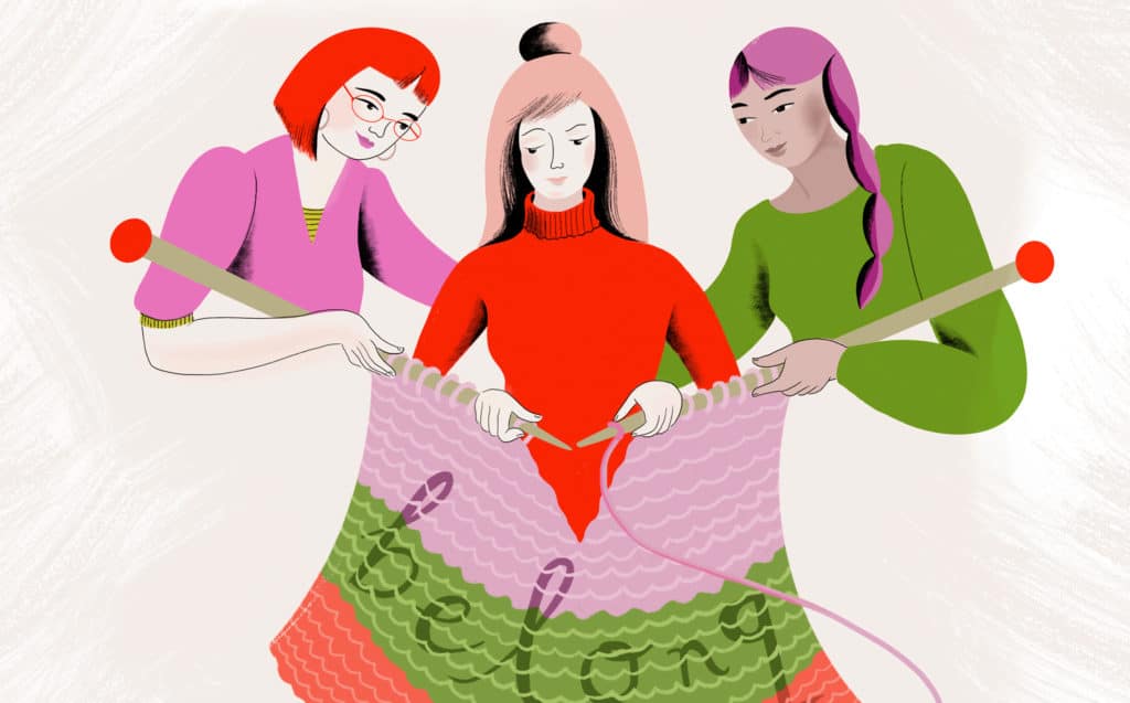 loneliness trap - Illustration shows one person knitting a fabric of belonging under the eye of two other women