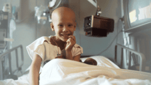 Little girl with childhood cancer, bald, sitting up in a hospital bed smiling