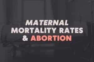 Charcoal, off white, and coral graphics with text, "Maternal Mortality Rates & Abortion"