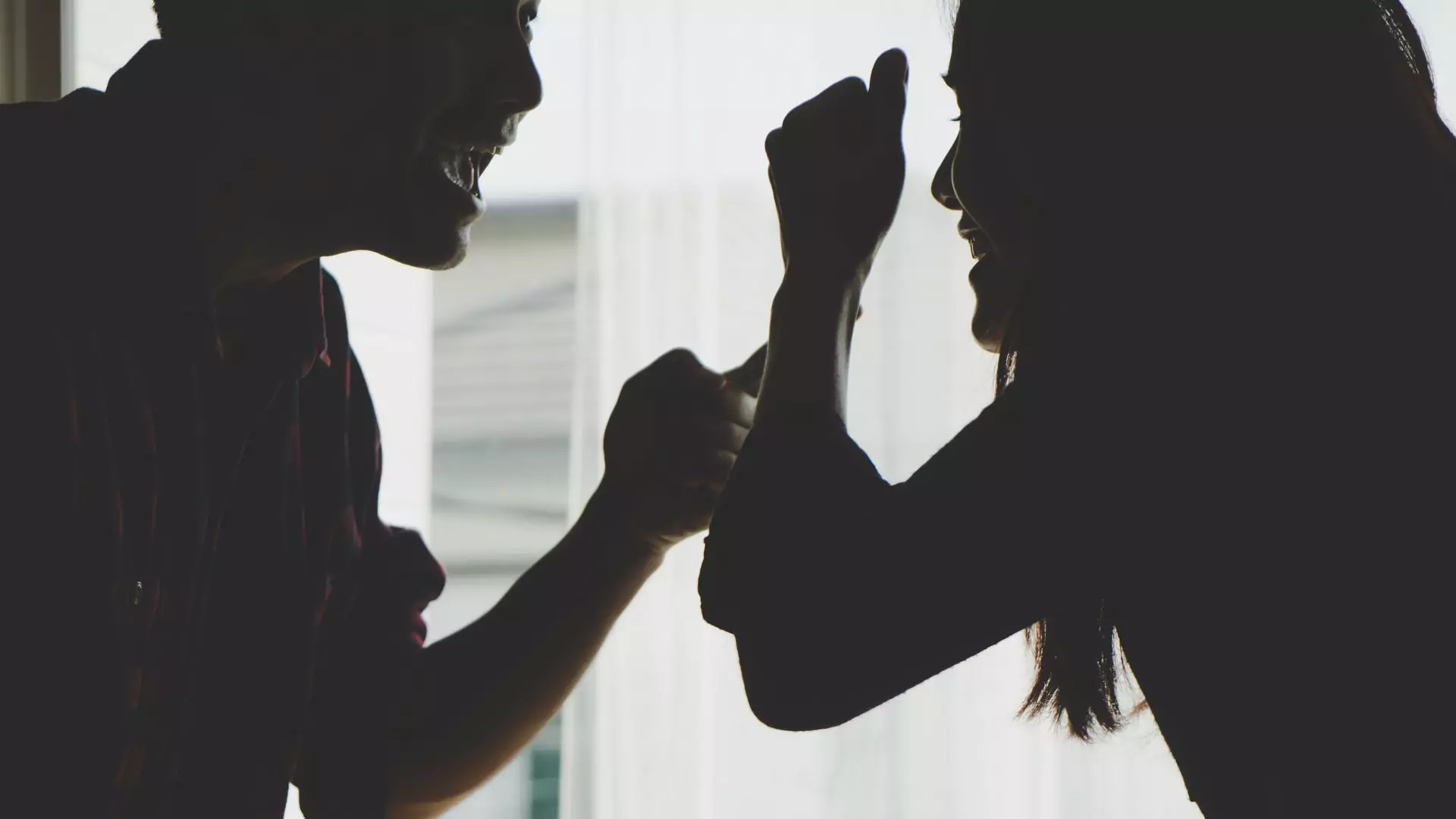 Silhouette of a couple fighting with their hands raised aggressively at each other, suggesting but not depicting physical abuse.