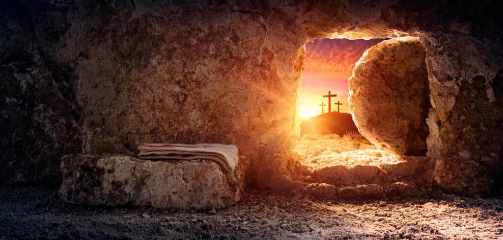 Illustration of empty tomb of Jesus with. sun shining in.