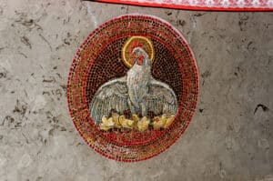 A mosaic of a hen gathering her chicks in the Dominus Flevit chapel in Jerusalem.