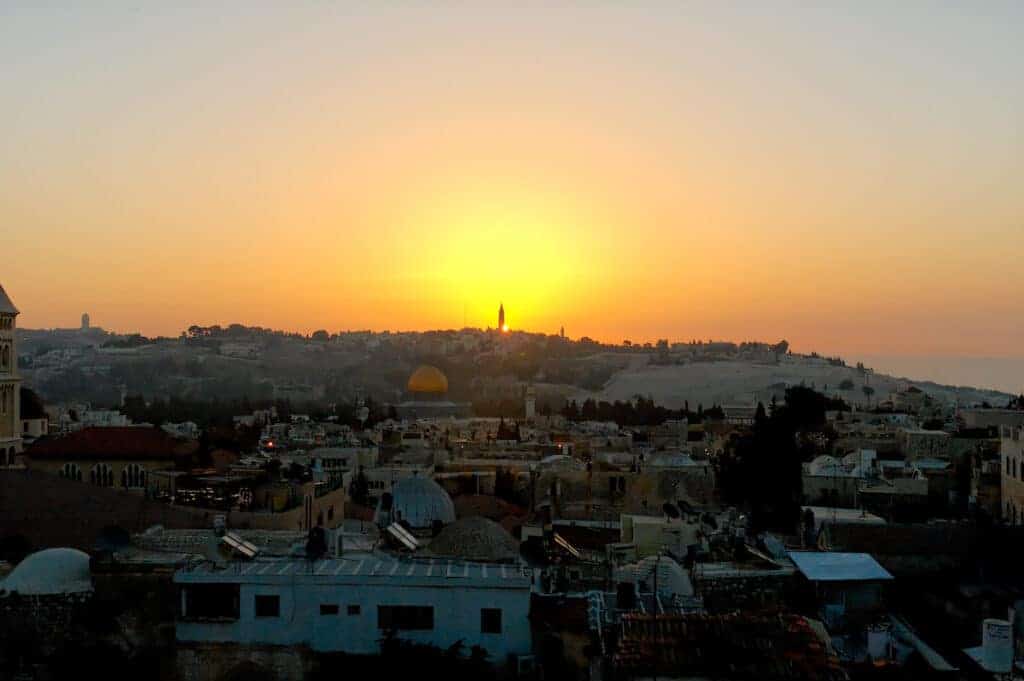 Sunrise over the old city of Jerusalem.